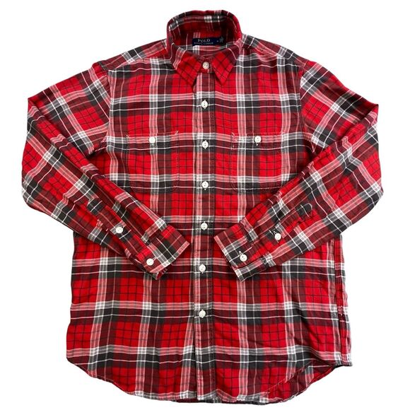 Polo Ralph Lauren Loop Collar Flannel Shirt Men M Red Plaid Long Sleeve Designer - Picture 3 of 12
